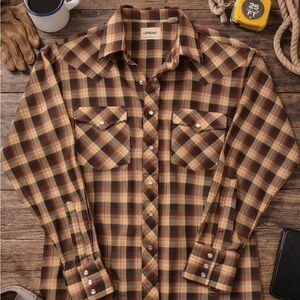 Vintage Campus Golden Brown Plaid Pearl Snap Shirt